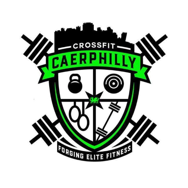 Crossfit caerphilly logo in black and green, a badge with weightlifting equipment, weightlifting bars and a green banner